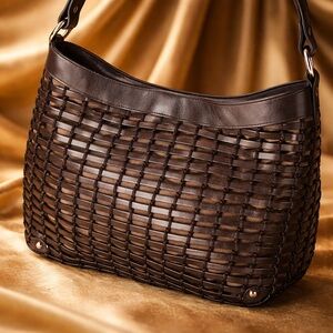 Talbots Dark Brown Leather Woven Shoulder Bag